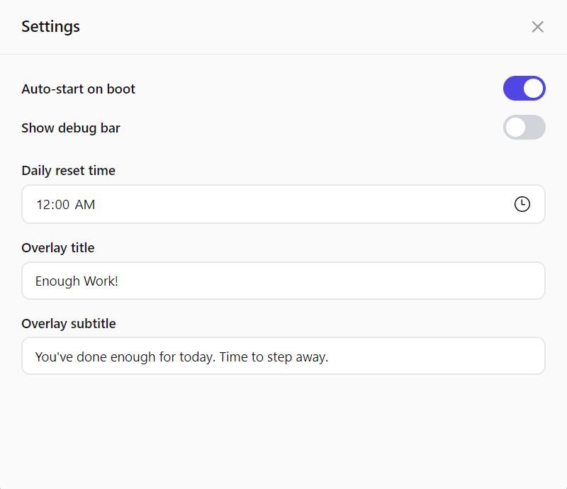 Settings panel